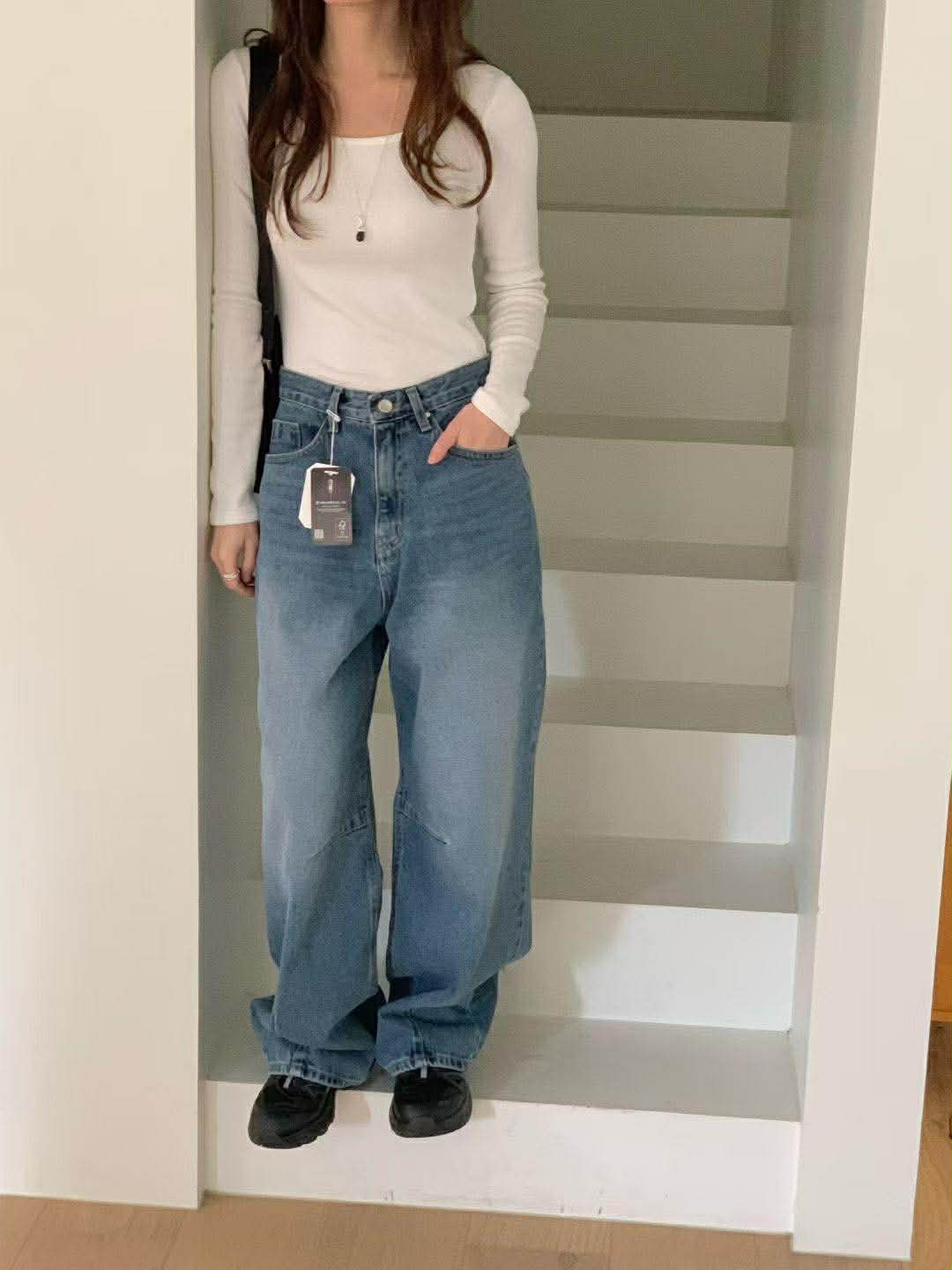 #406藍色車線丹寧褲