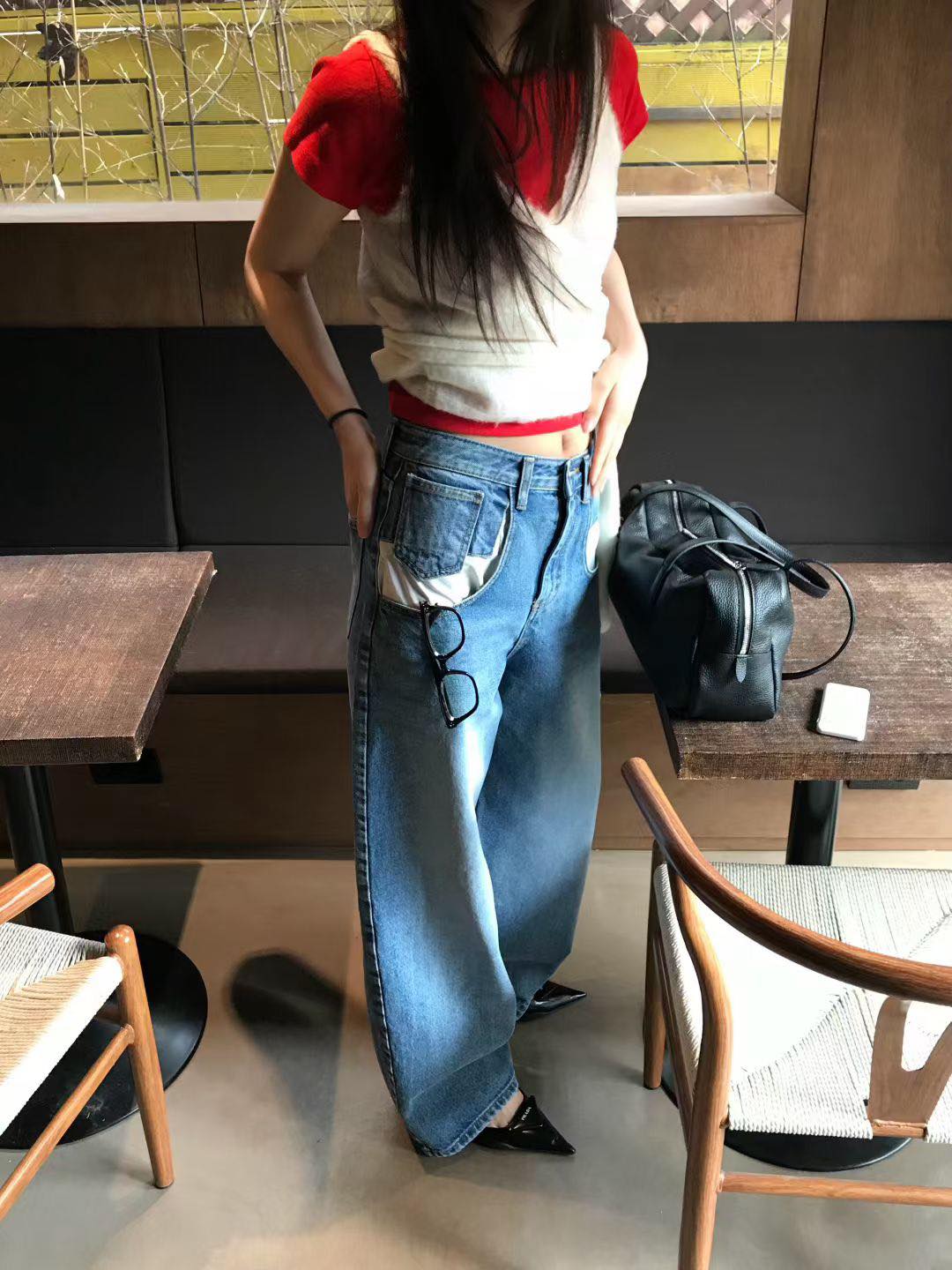 口袋外翻感小直筒褲