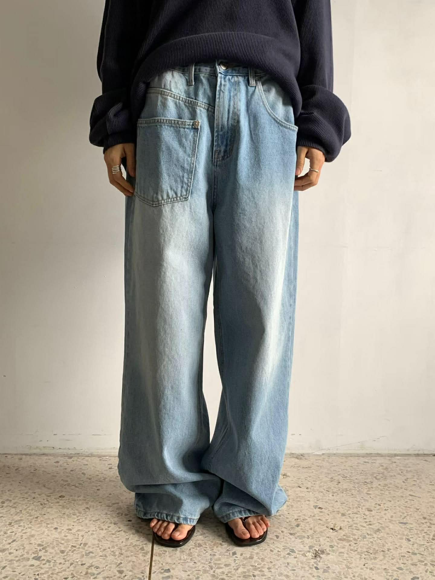 設計師不對稱口袋丹寧褲