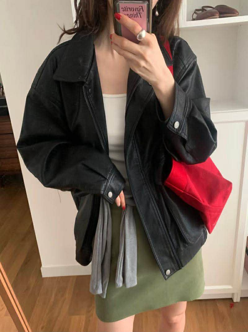 春款紋理感皮夾克