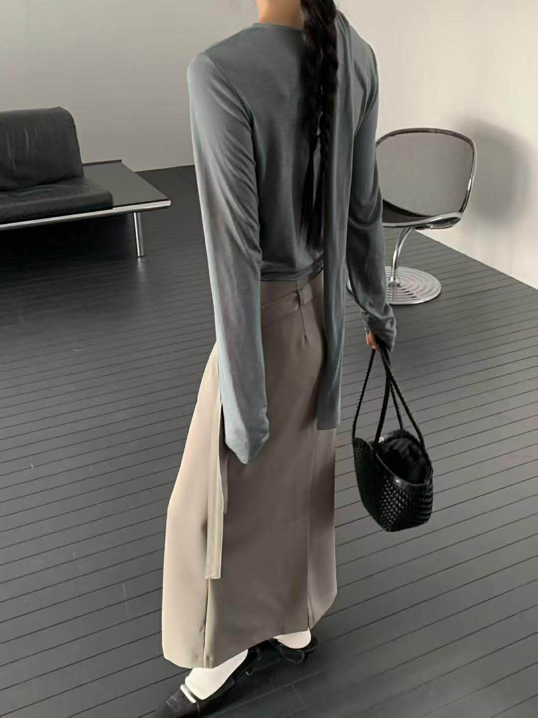 附帶交疊感直筒西裝裙 ( 2色 )