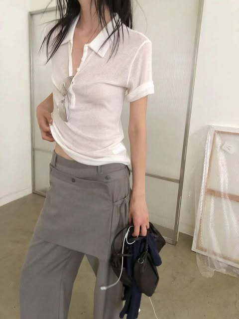 polo領透膚衫( 白色/黑色/霧灰/花灰/深灰 )