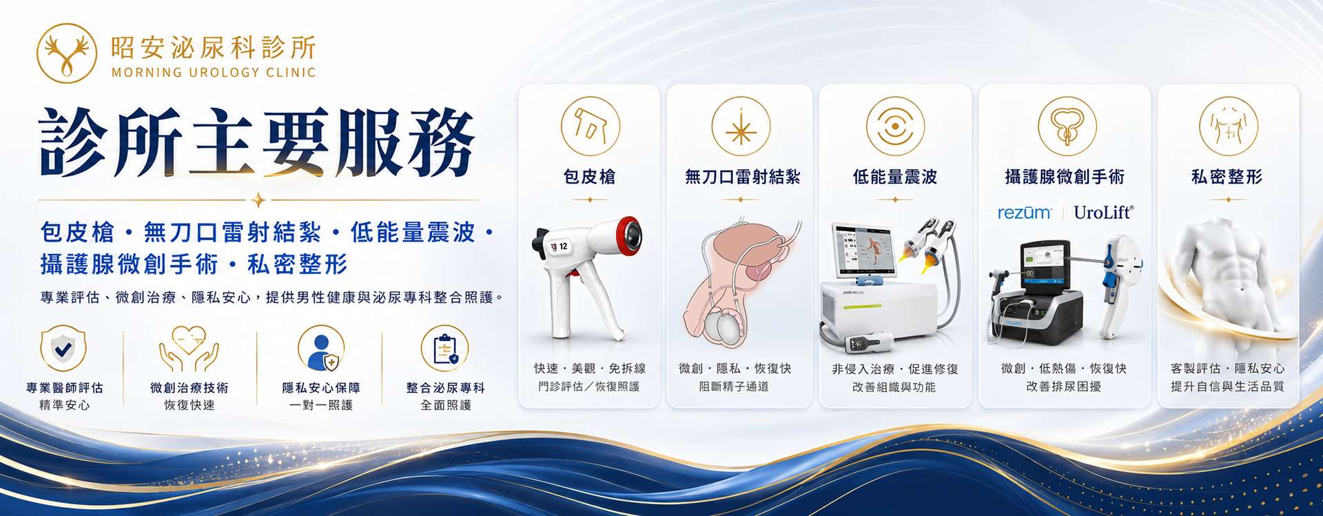 昭安泌尿科診所主要服務一覽:包皮槍、無刀口雷射結紮、低能量震波、攝護腺微創手術(Rezum、UroLift)與私密整形。點擊查看所有診療項目。 昭安泌尿科診所主要服務一覽:包皮槍、無刀口雷射結紮、低能量震波、攝護腺微創手術(Rezum、UroLift)與私密整形。點擊查看所有診療項目。
