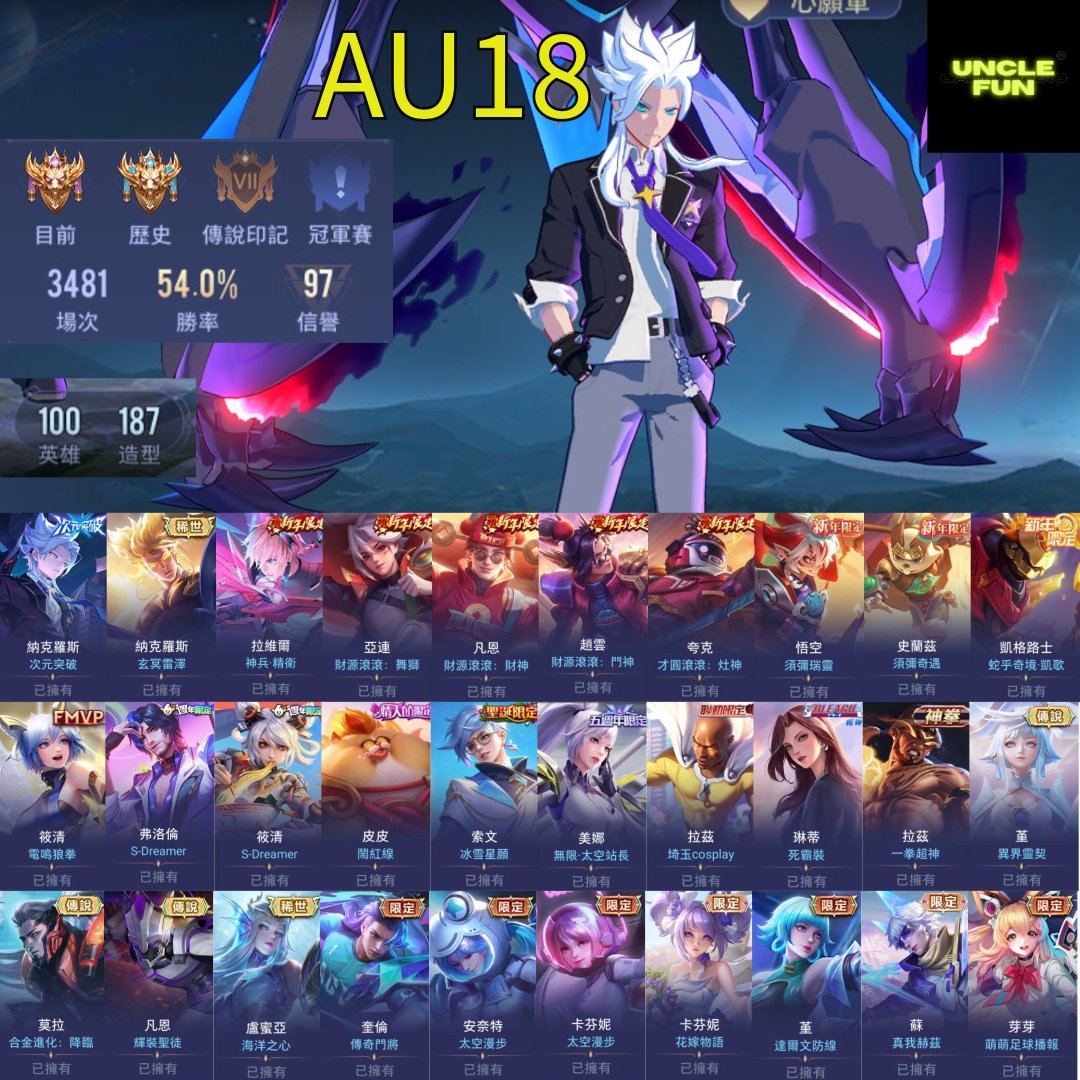 (AU18客人分期中請勿下單)Garena 傳說對決 月繳1800元起 主打納克次元/玄冥雷澤/神兵拉維爾/S-D弗洛倫/筱清/電鳴/須彌物空等多限定直購造型