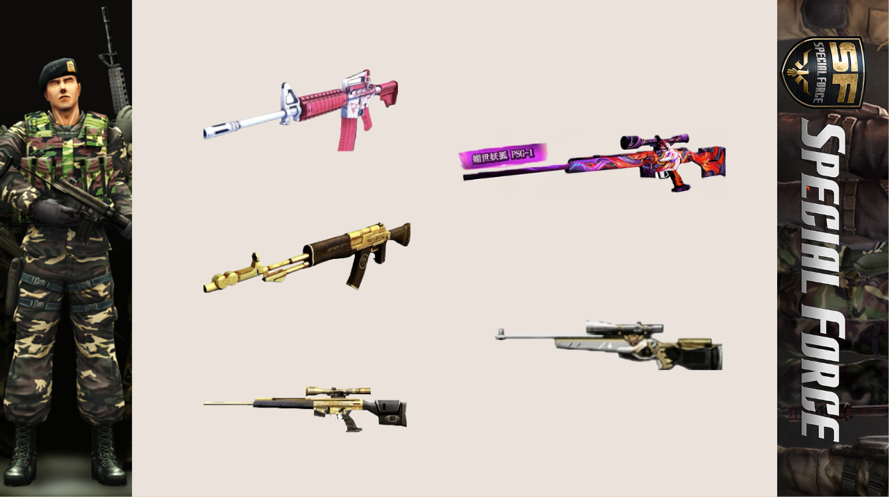 SF特種部隊 主打櫻花M4A1 媚世妖狐PSG-1 審辦者黃金PSG-1 白騎兵SV98 狂妄殺神AN94 高敗場
