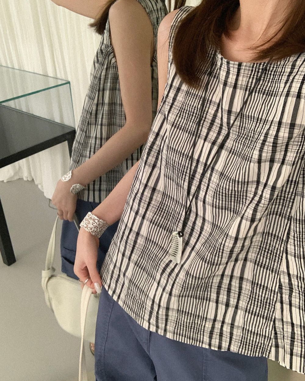 格紋綁帶背心-杏