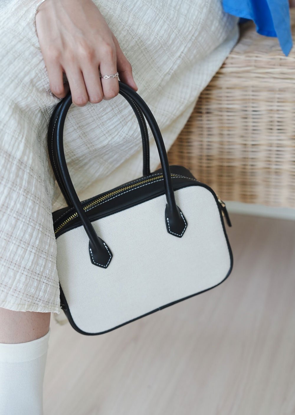 帆布與皮革復古手提包(真皮)