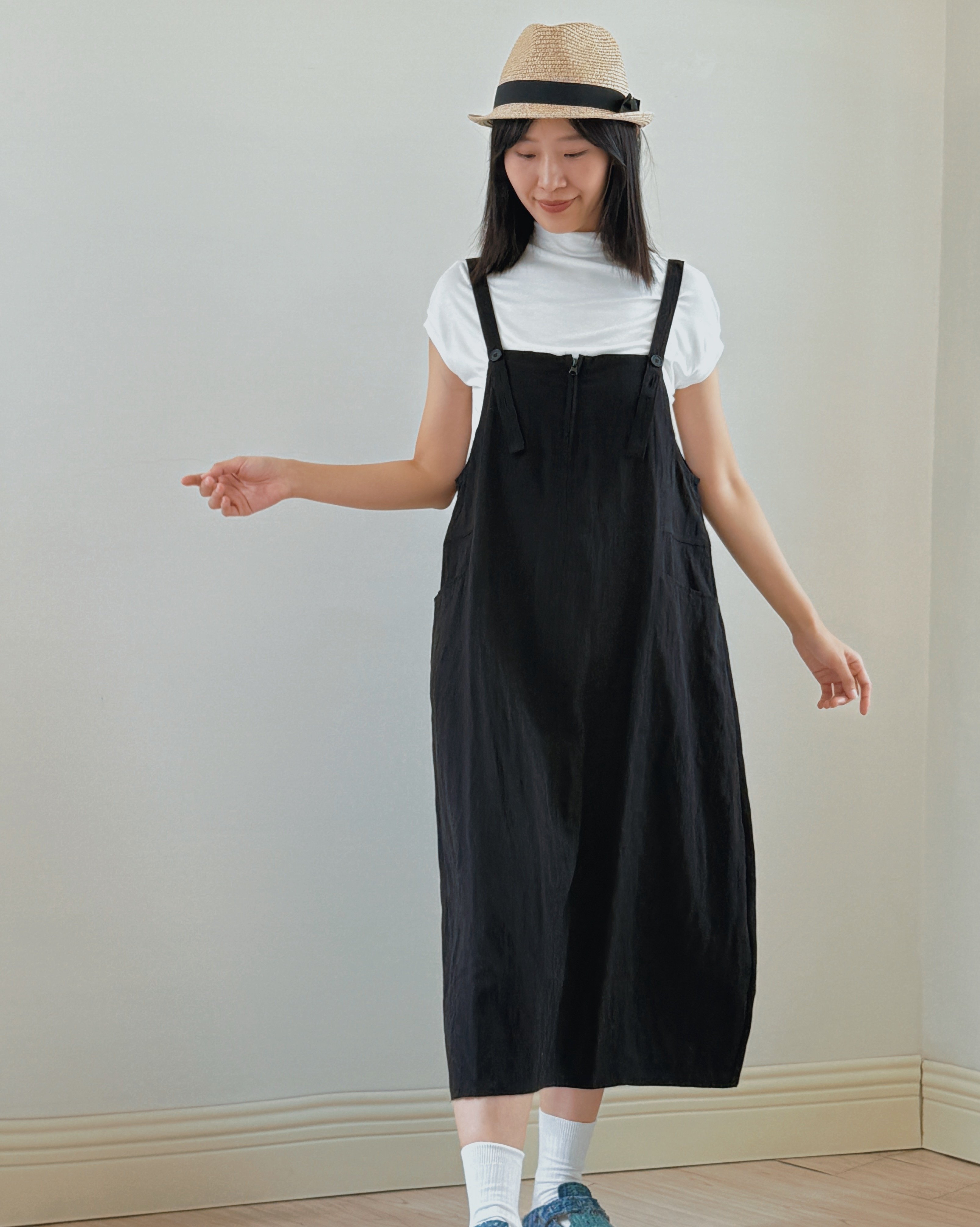 亞麻工裝吊帶裙