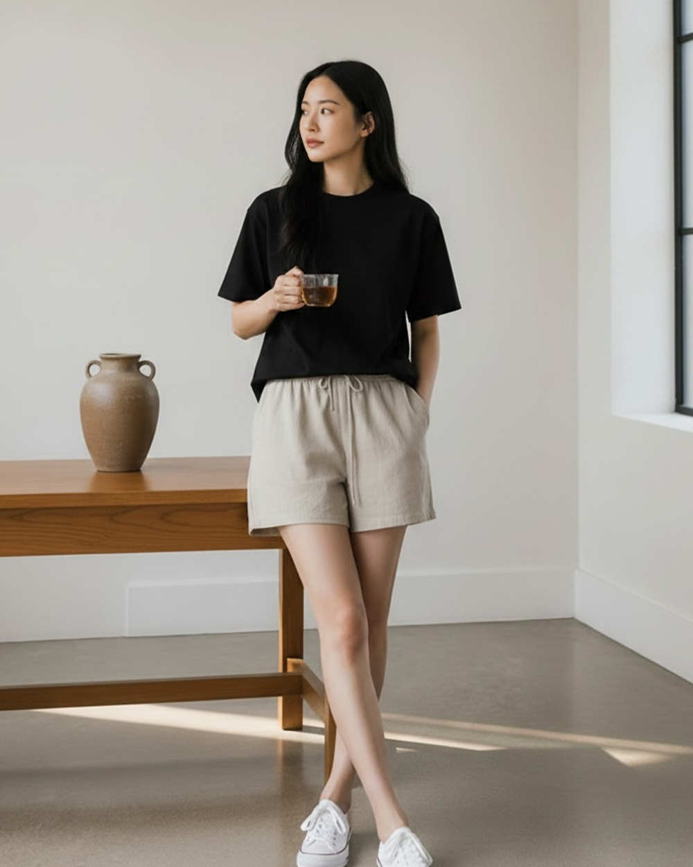 天絲亞麻鬆緊短褲-杏