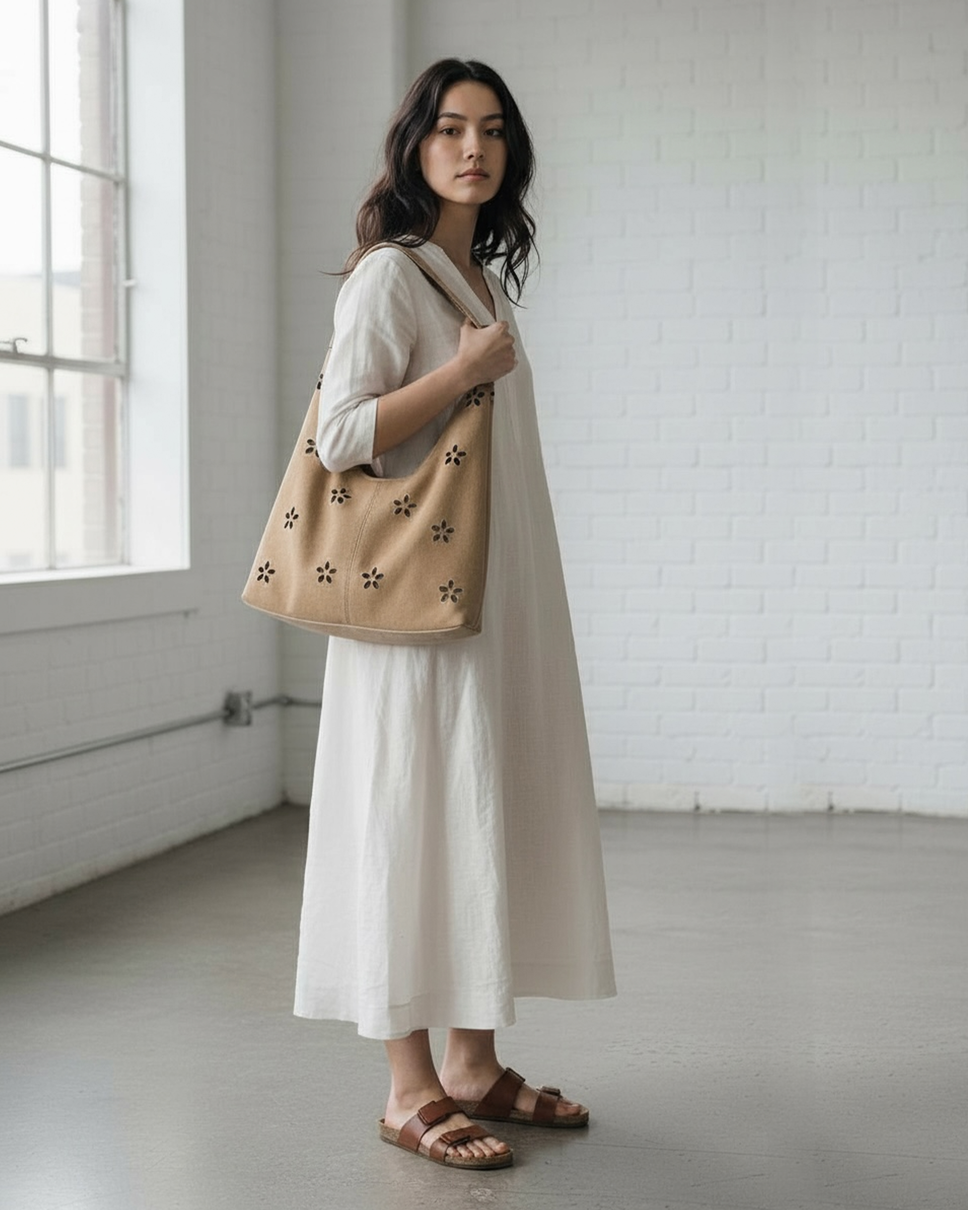 鏤空花朵肩背包-杏