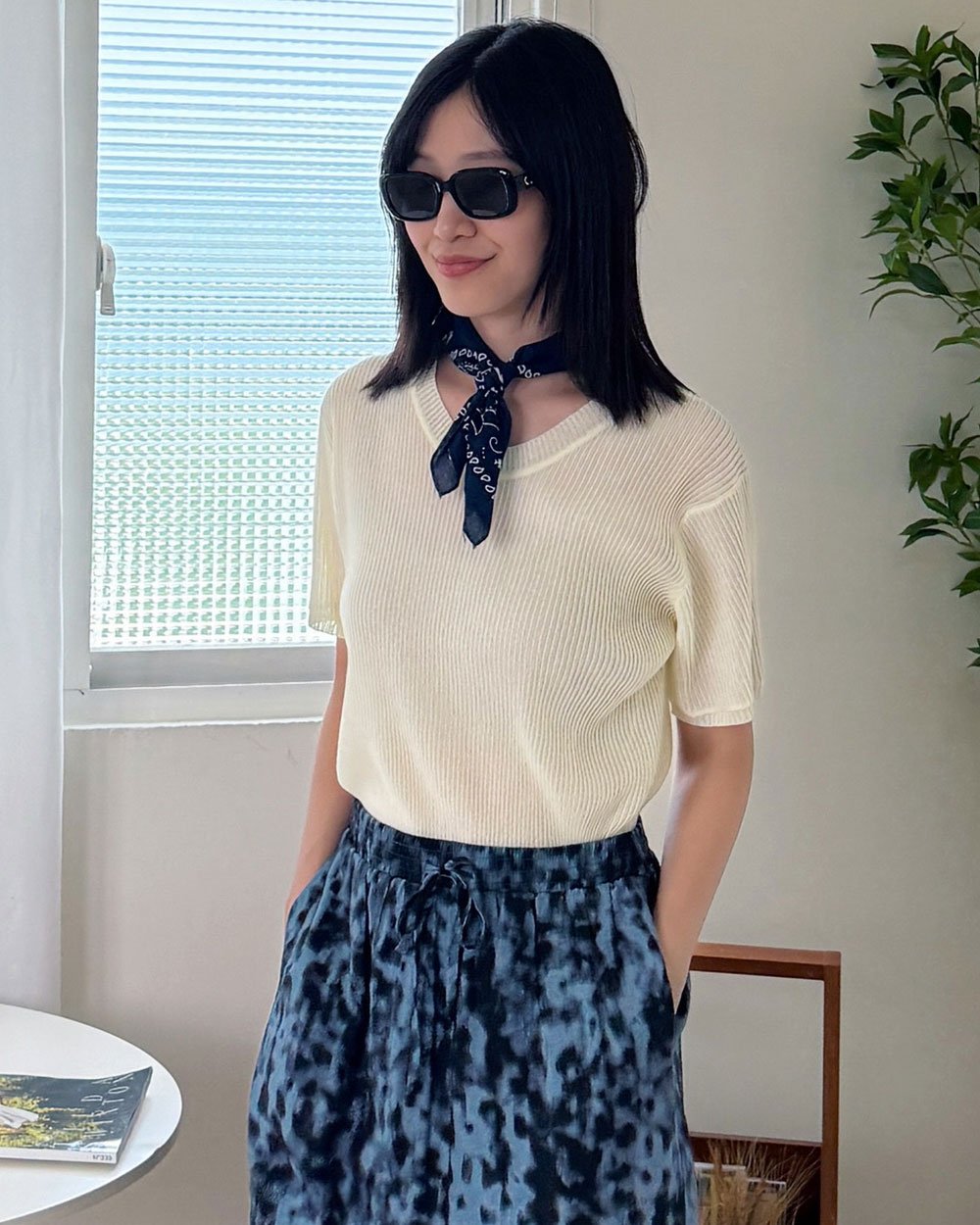 U領透膚羅紋針織衫-黃