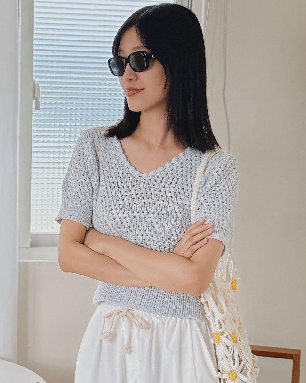 優雅粗織短袖針織衫-藍