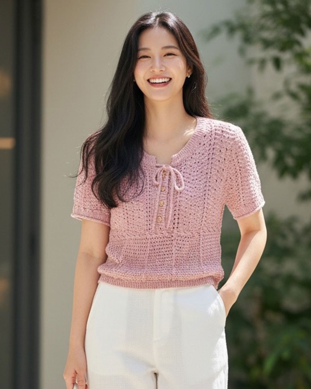 香頌圓領排釦針織衫-粉