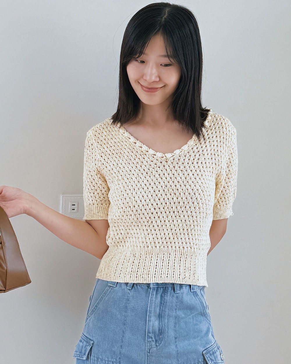 優雅粗織短袖針織衫-黃