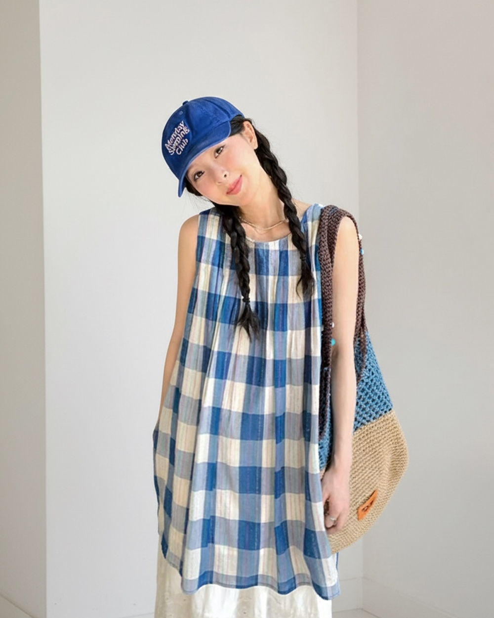 日和格紋無袖上衣-藍
