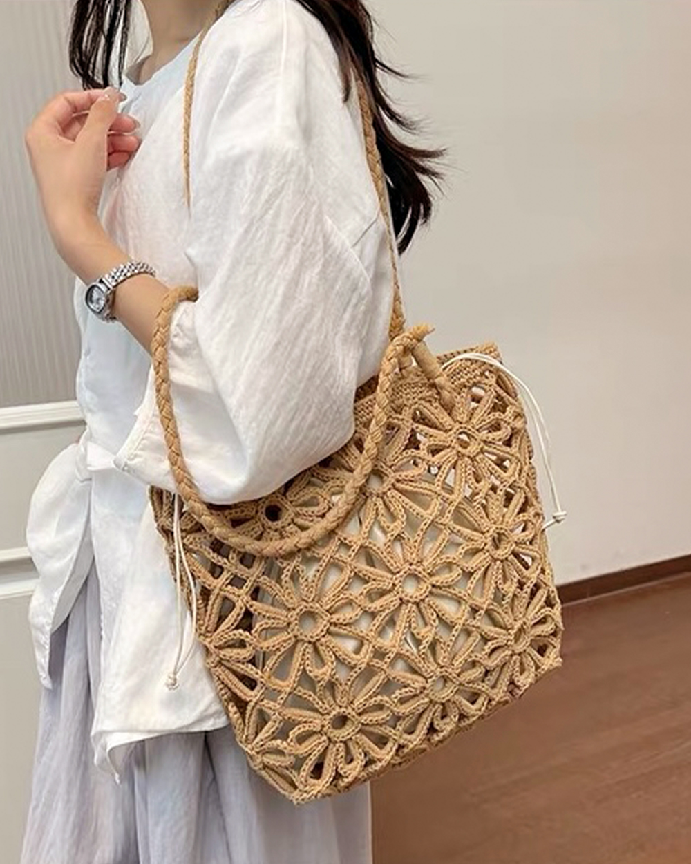 棉繩花朵編織包-咖