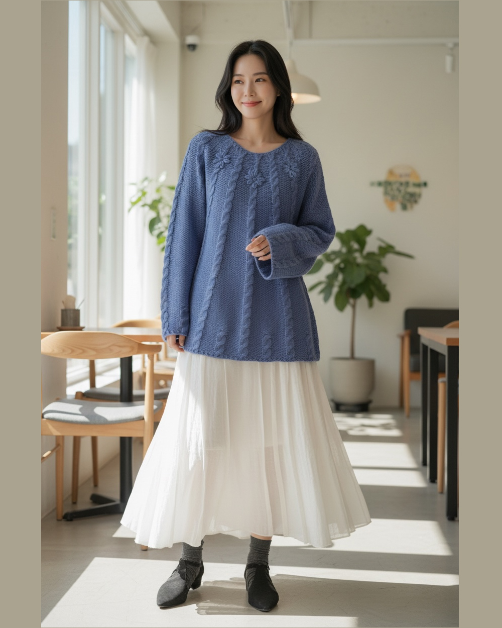 手工繡花麻花上衣-中藍
