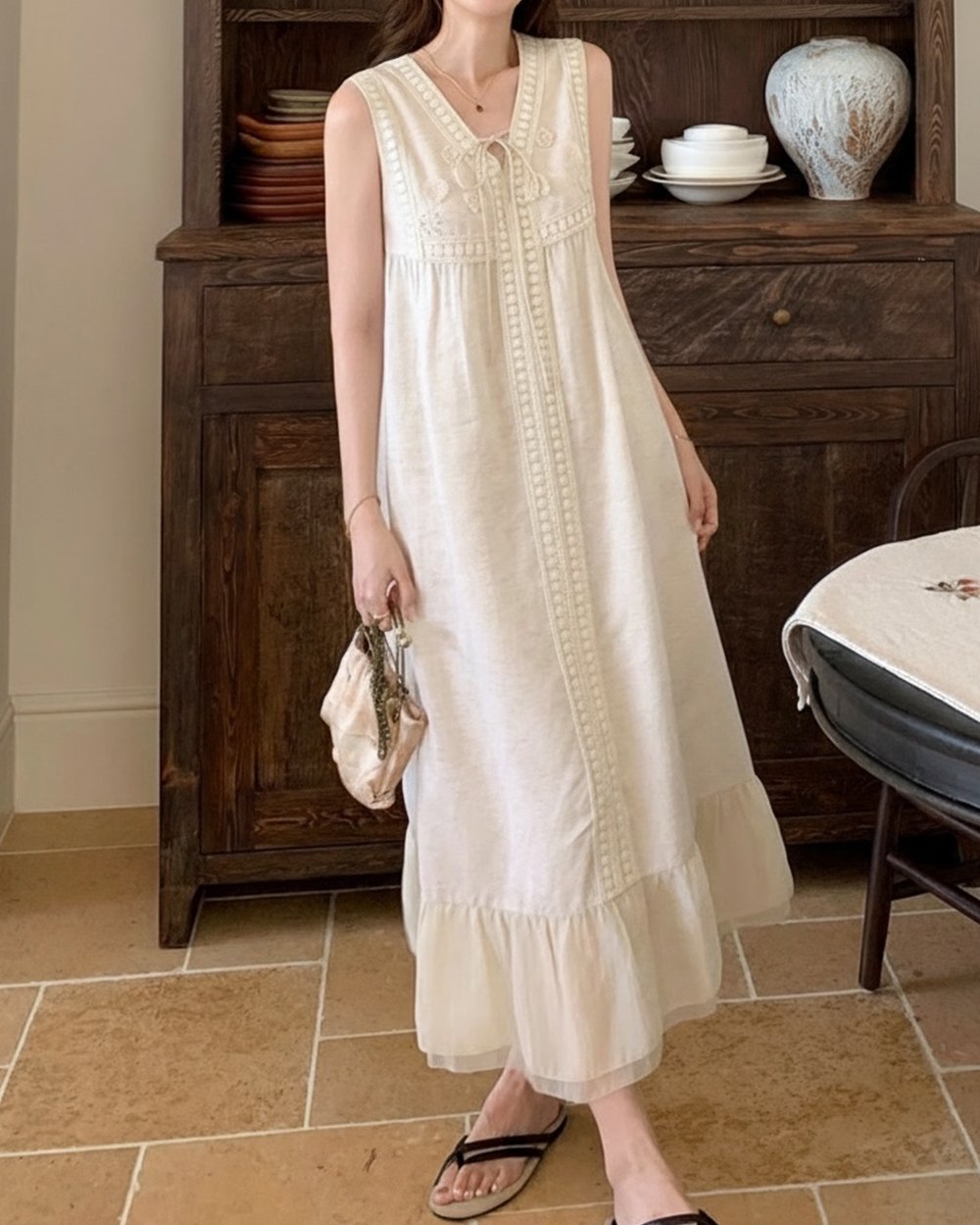 V領蕾絲拼接洋裝