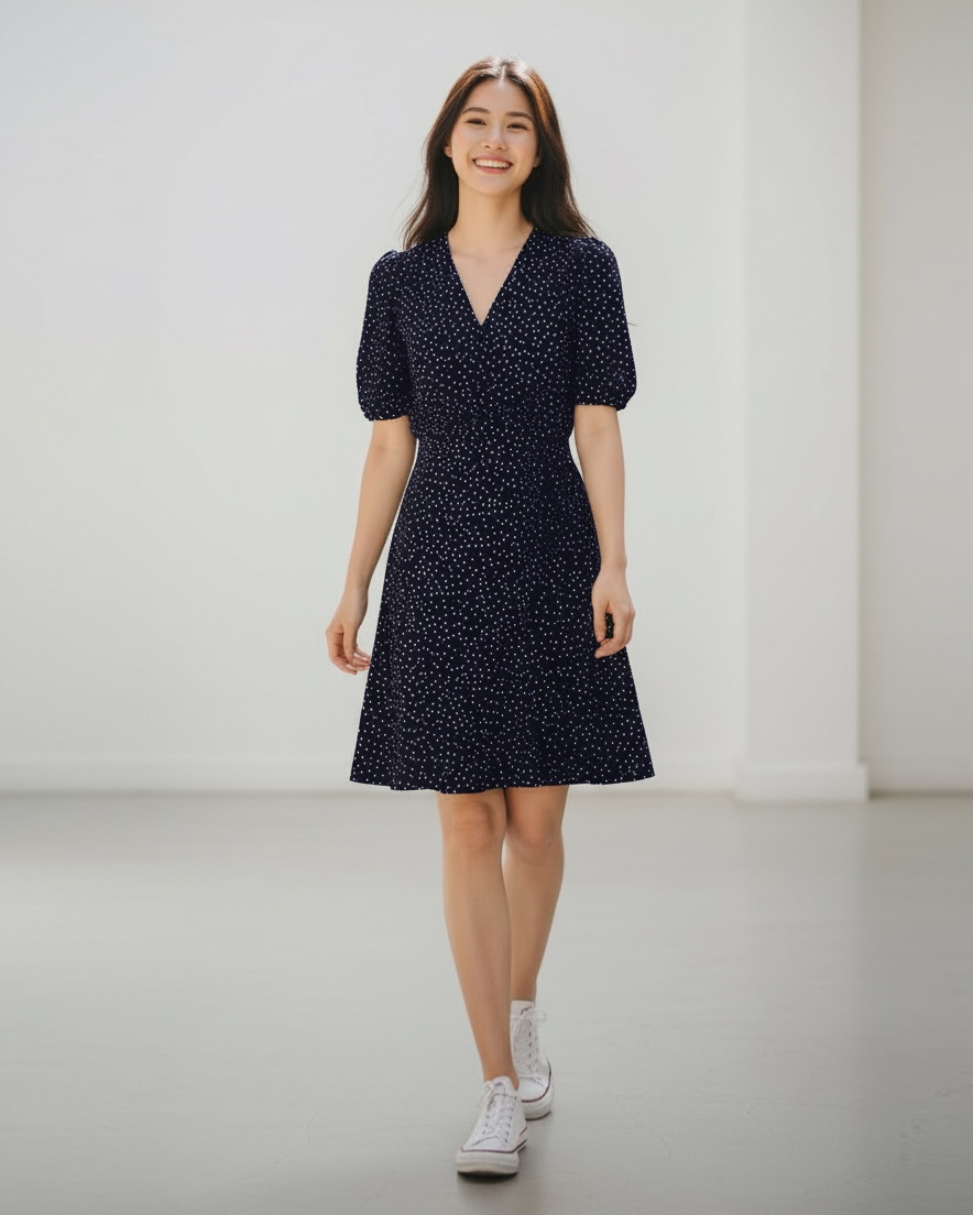 波點V領短洋裝-深藍
