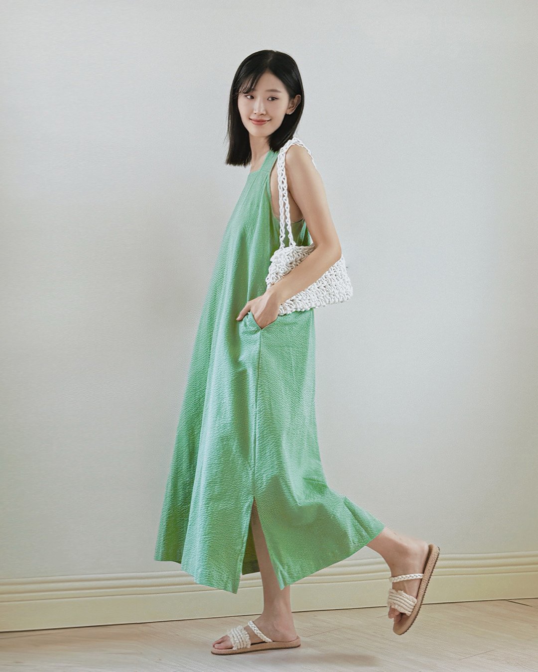 方領剪裁設計洋裝-綠