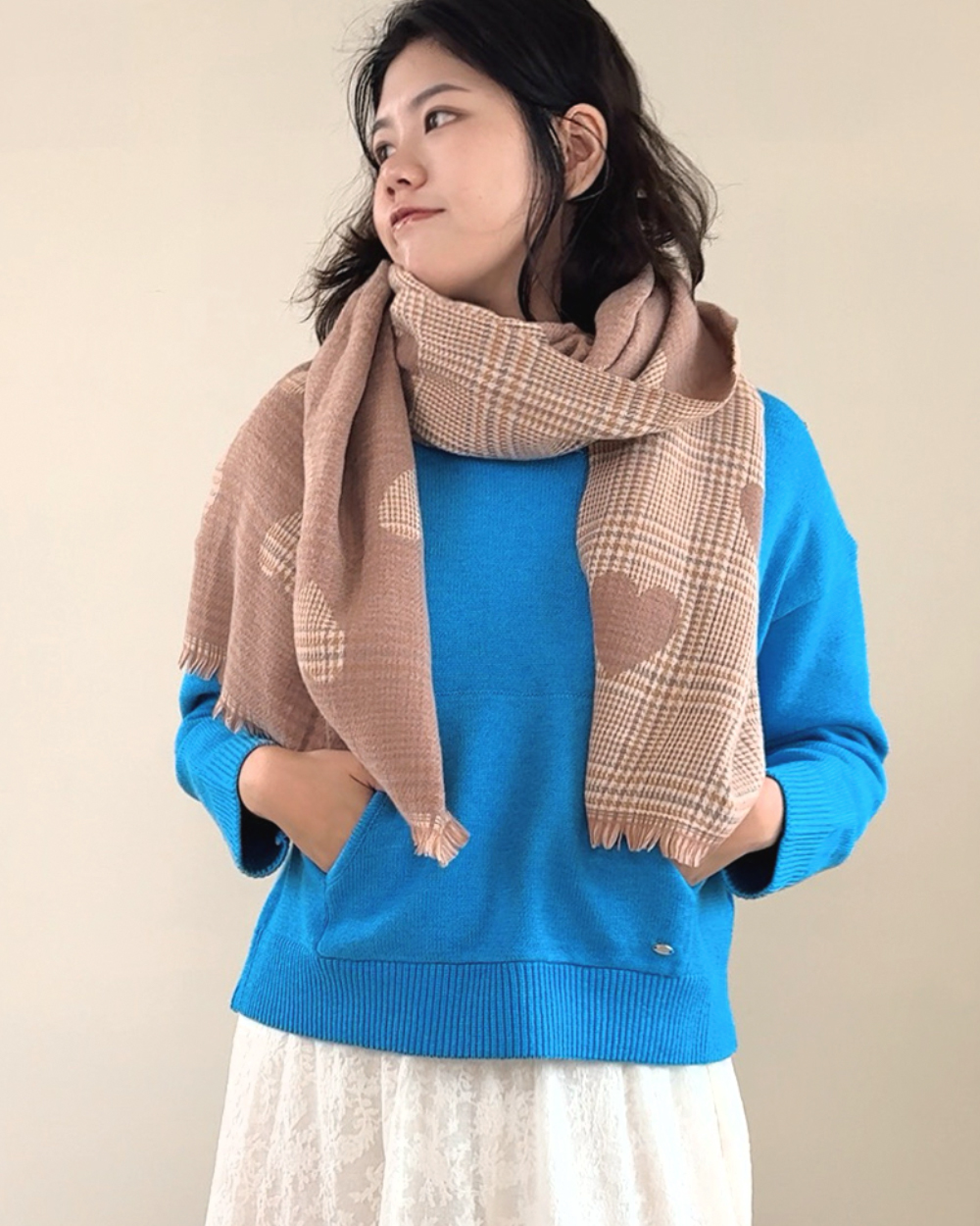 蘇格蘭愛心圍巾-灰粉