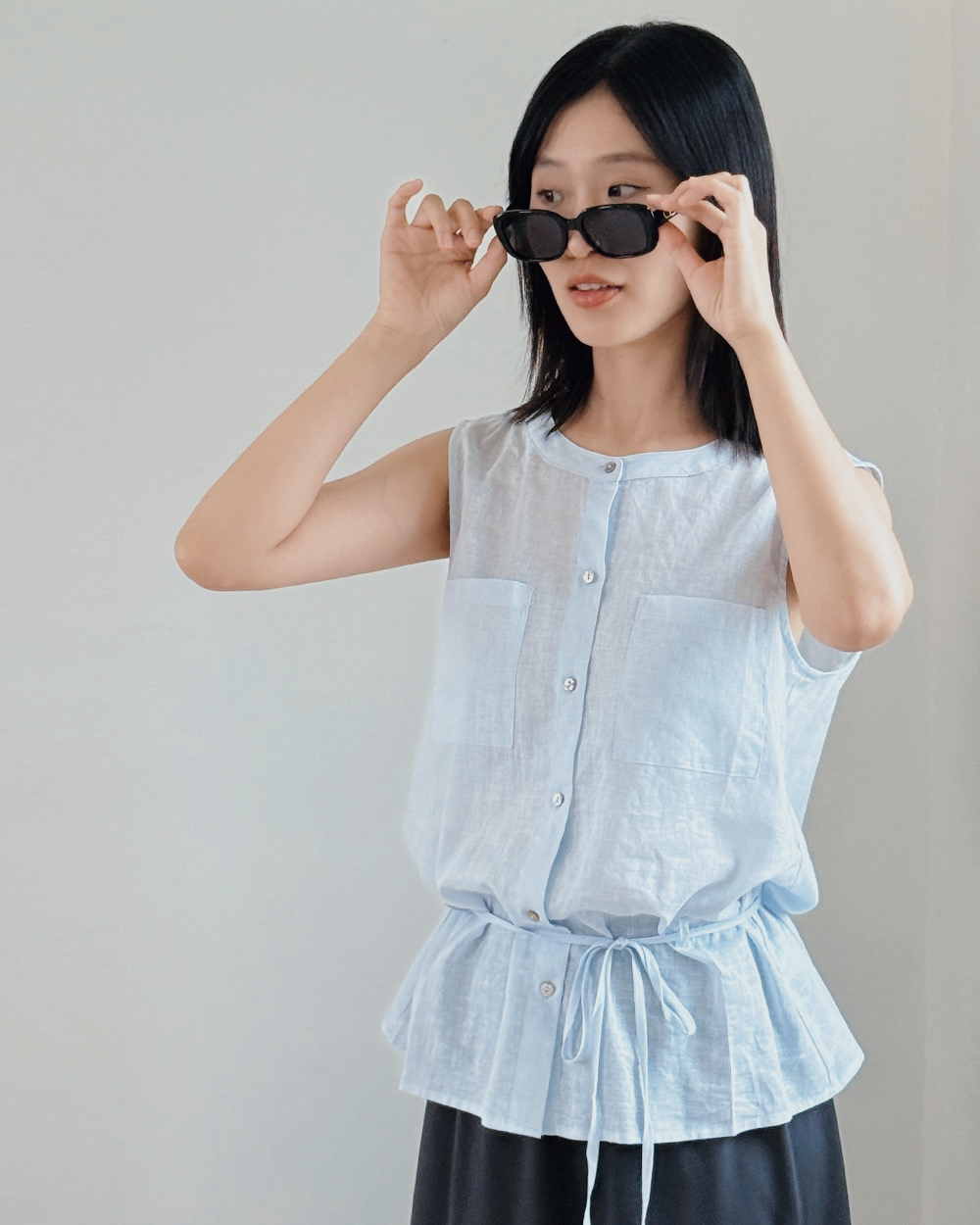 綁帶雙口袋薄上衣-藍