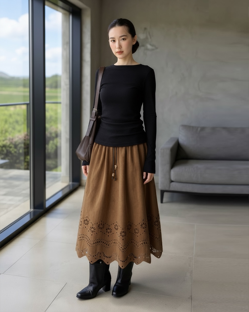 波西米亞麂皮花朵裙-焦糖