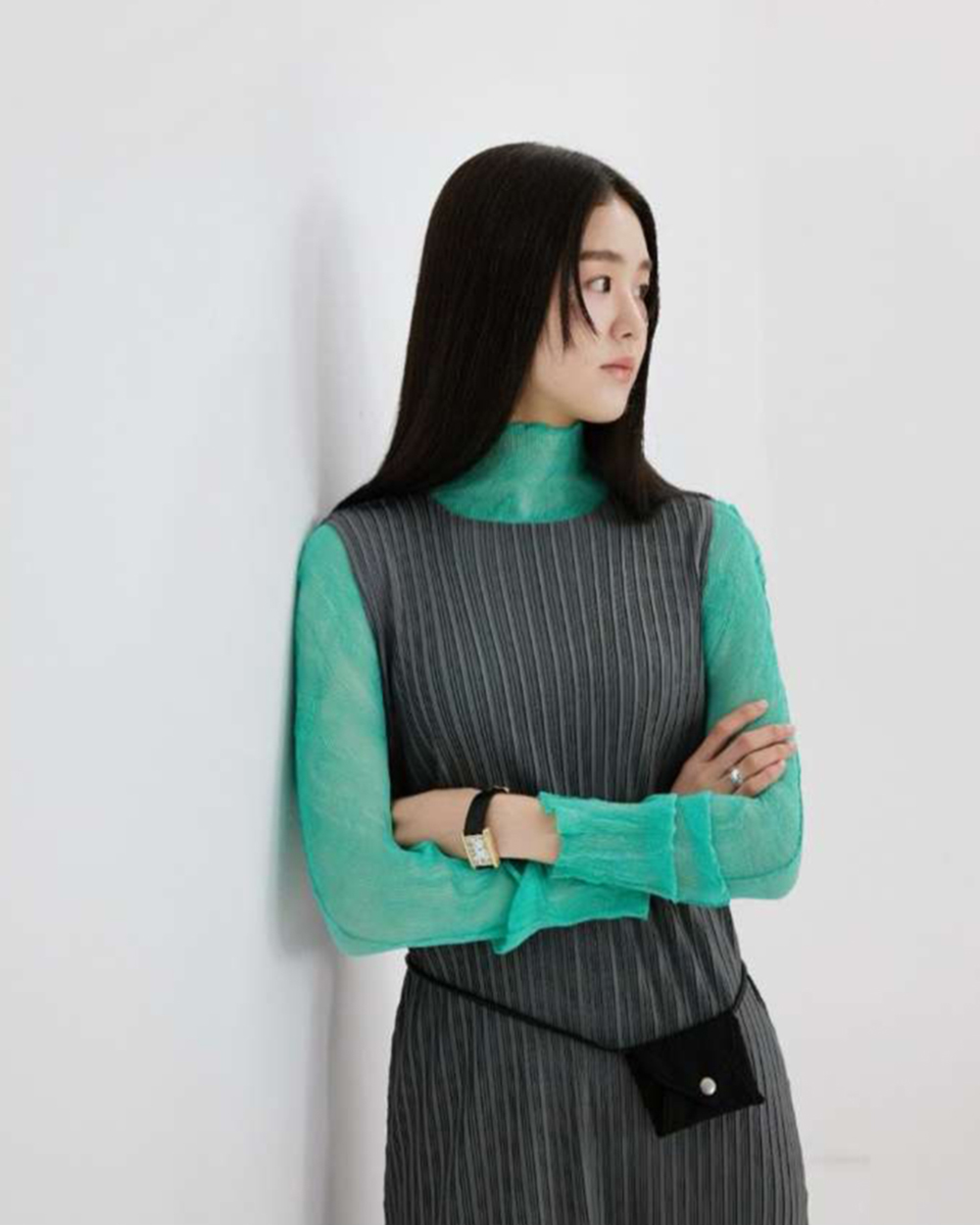 流動壓褶洋裝-灰