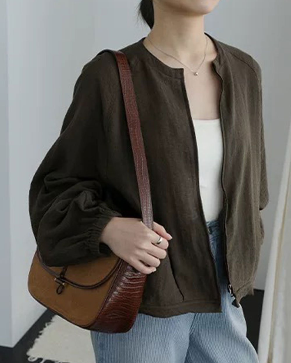 亞麻摩登拉鍊外套-咖