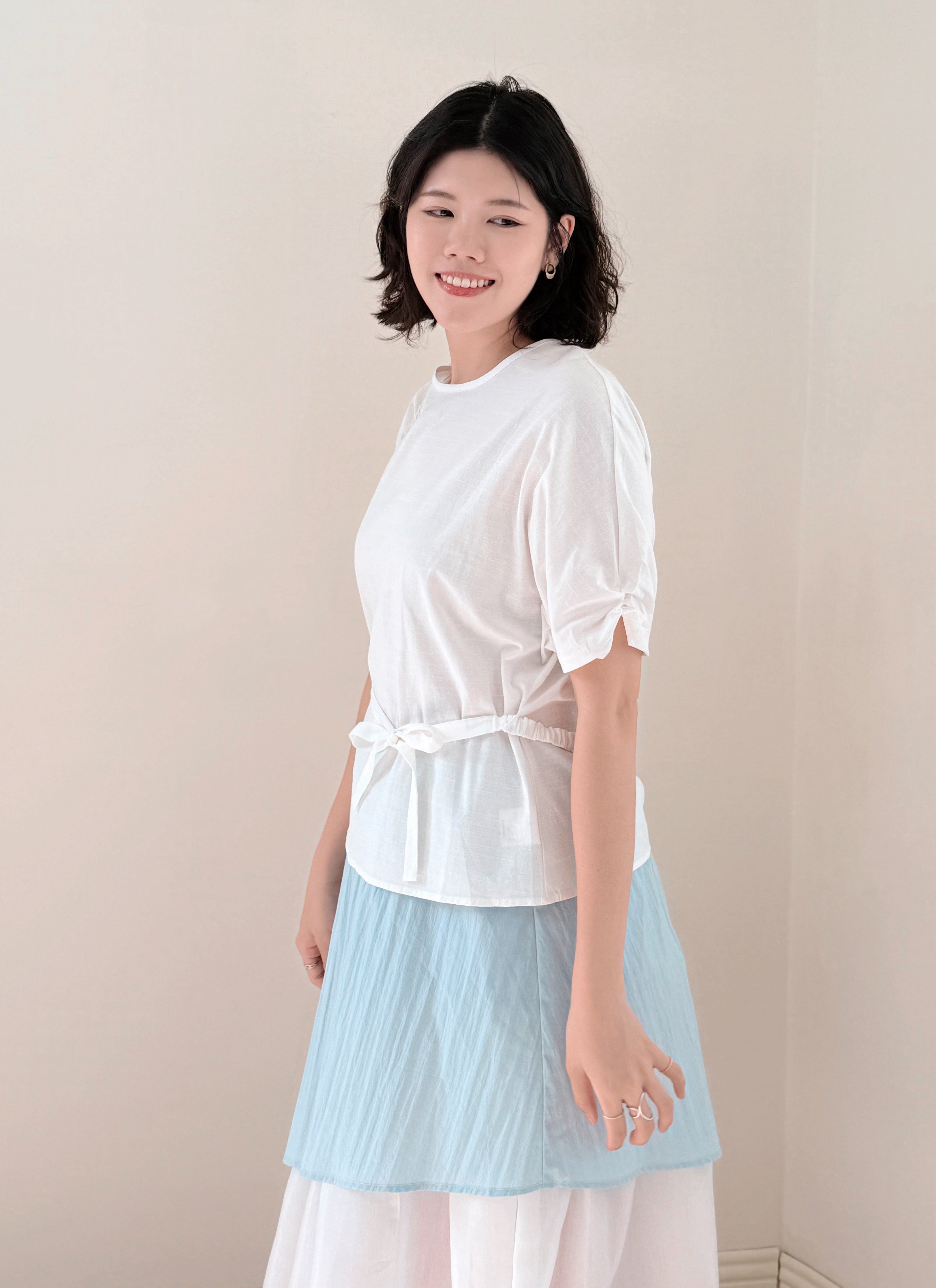 柔霧連袖綁帶上衣-杏