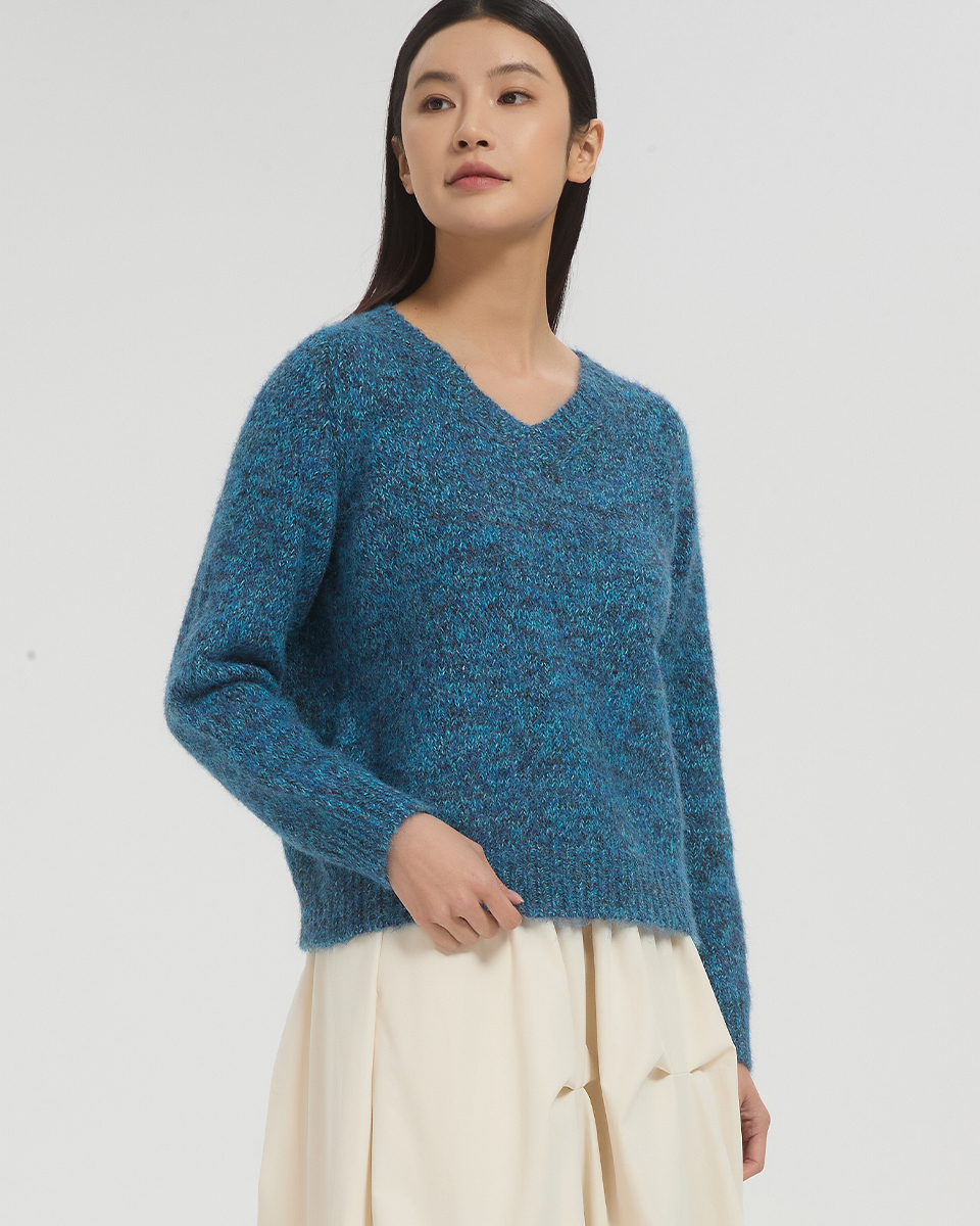 V領花彩毛衣-藍
