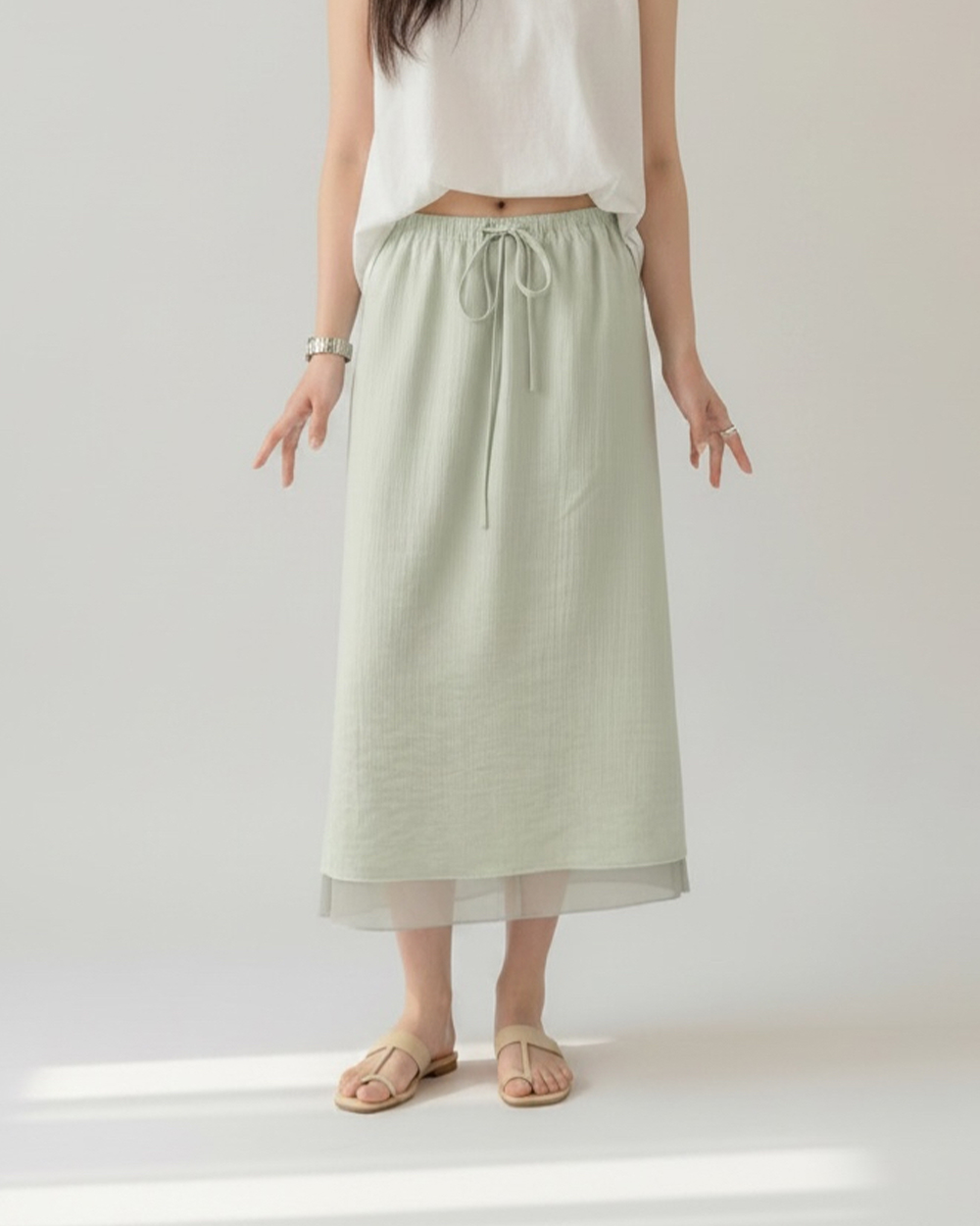 波紋層次紗長裙-綠