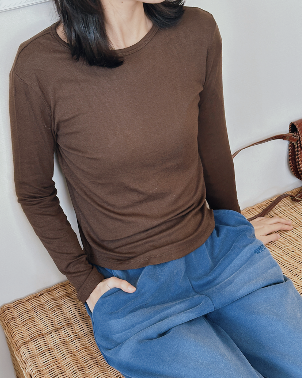 Q棉圓領打底衫-咖