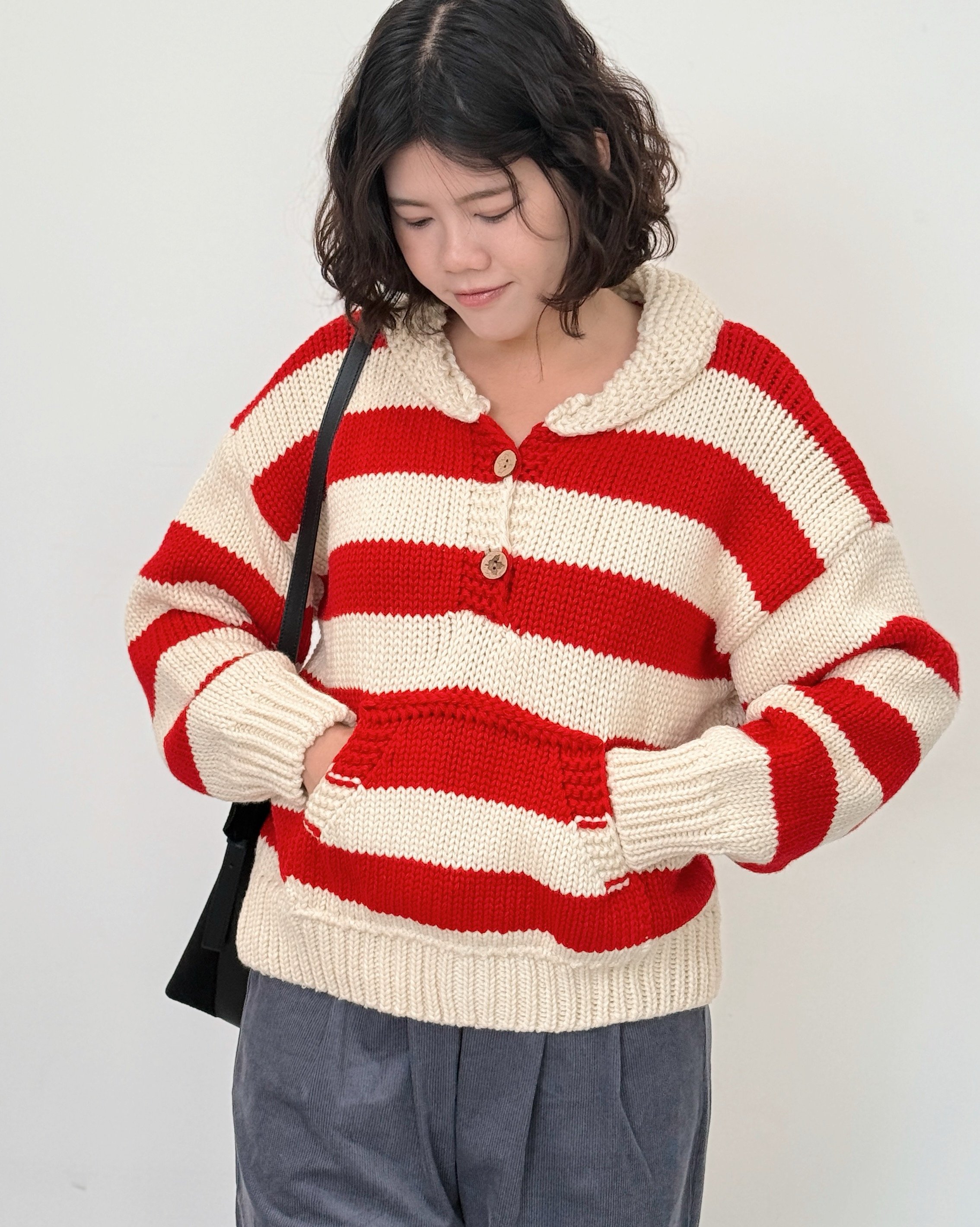 北歐粗針條紋毛衣-紅