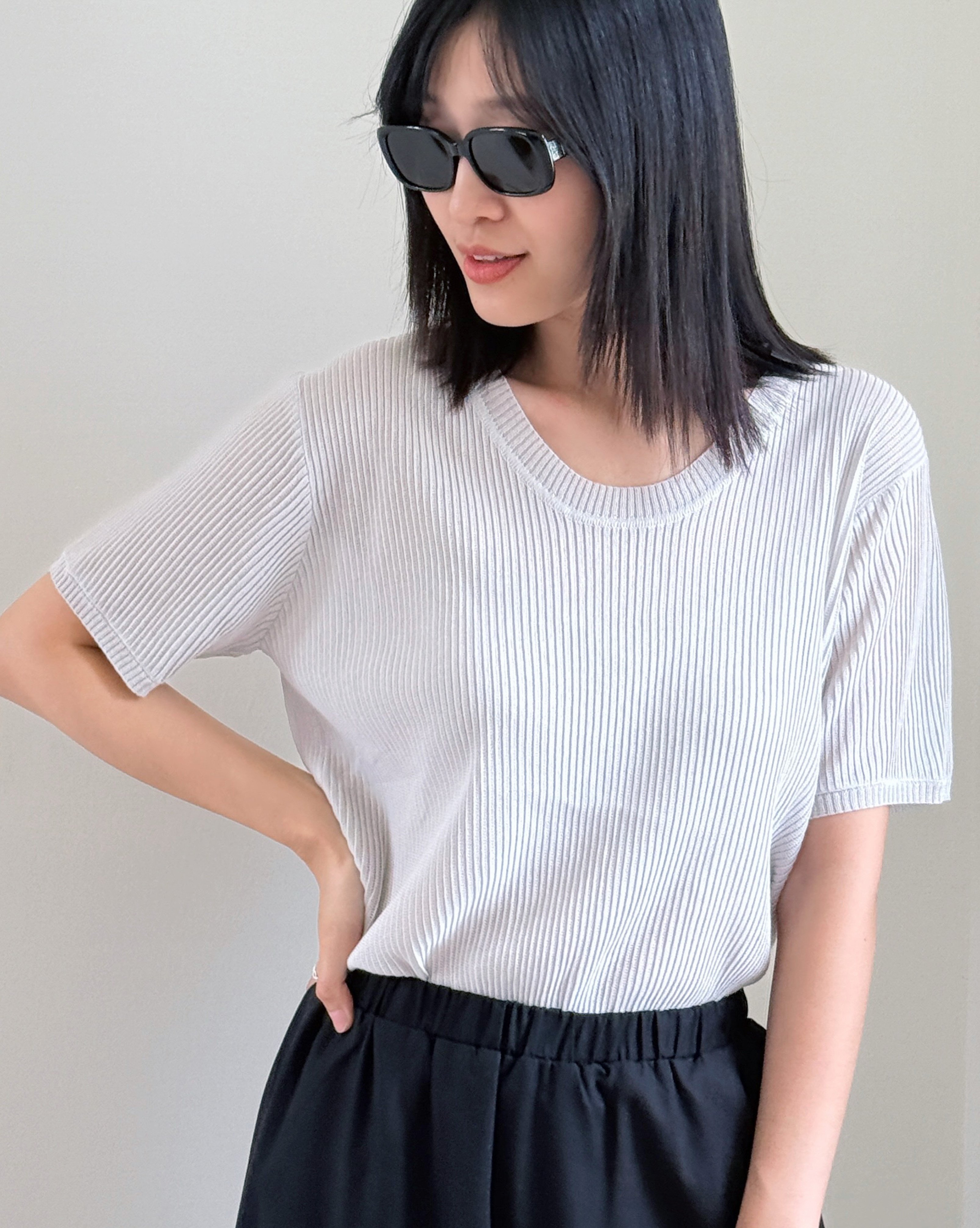 U領透膚羅紋針織衫-灰