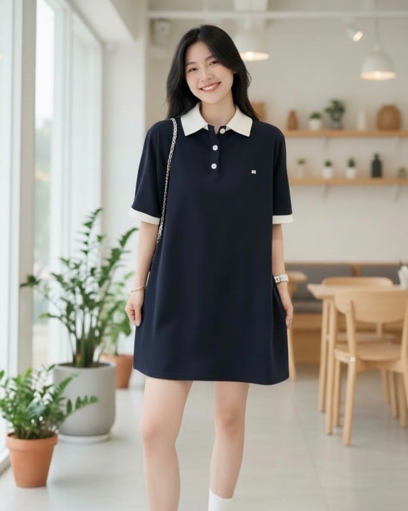 polo領撞色短洋裝-藏青