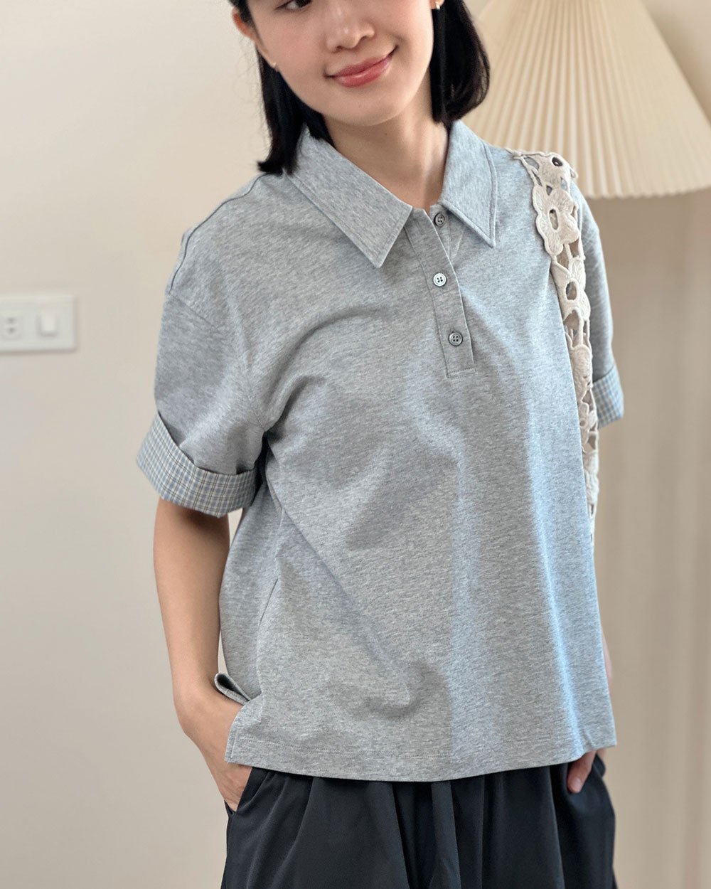 日系POLO領短袖上衣-灰