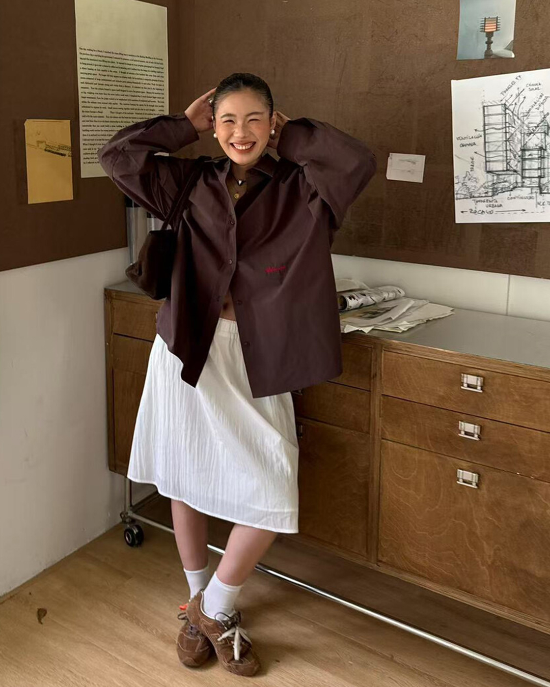 復古A字中長裙-白