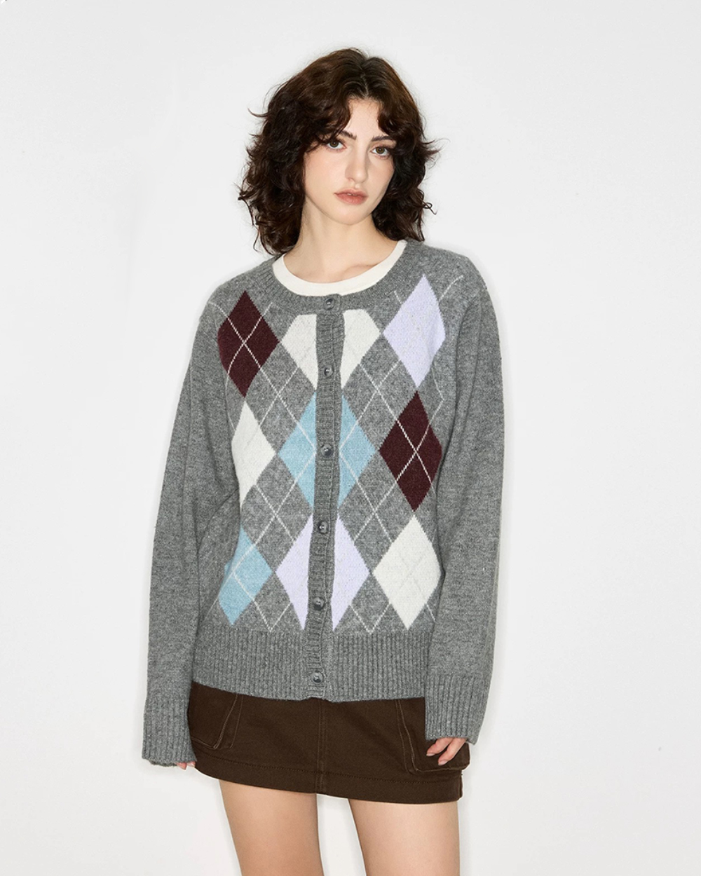 菱格羊毛開襟外套-灰