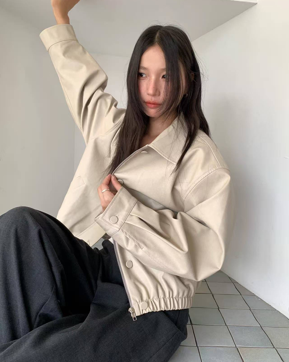 鞣革翻領拉鏈夾克-杏