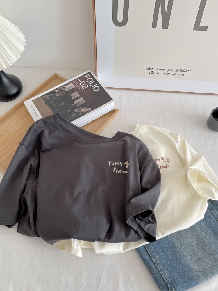 夏季日系小狗印花短袖T恤 純棉寬鬆圓領百搭 前後圖案 可愛 休閒 時尚 潮流 女上衣 n60003