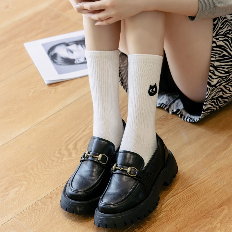 刺繡小貓中筒襪 潮系韓國薄款黑白襪  66