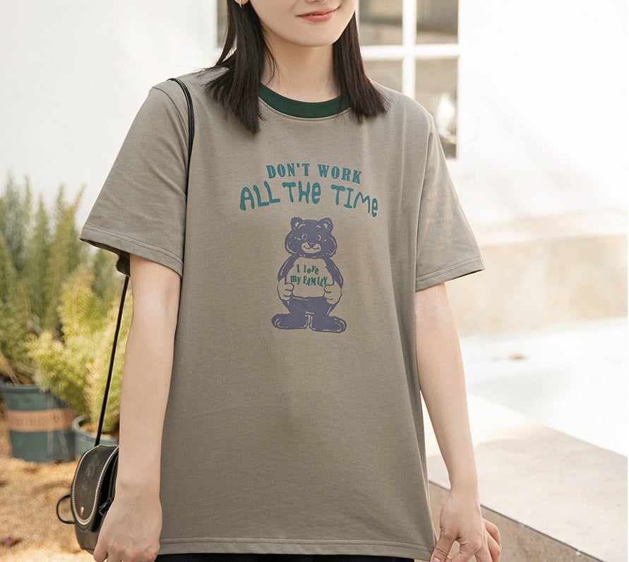 小熊印花撞色領  純棉短袖T恤 日系休閒上衣 742