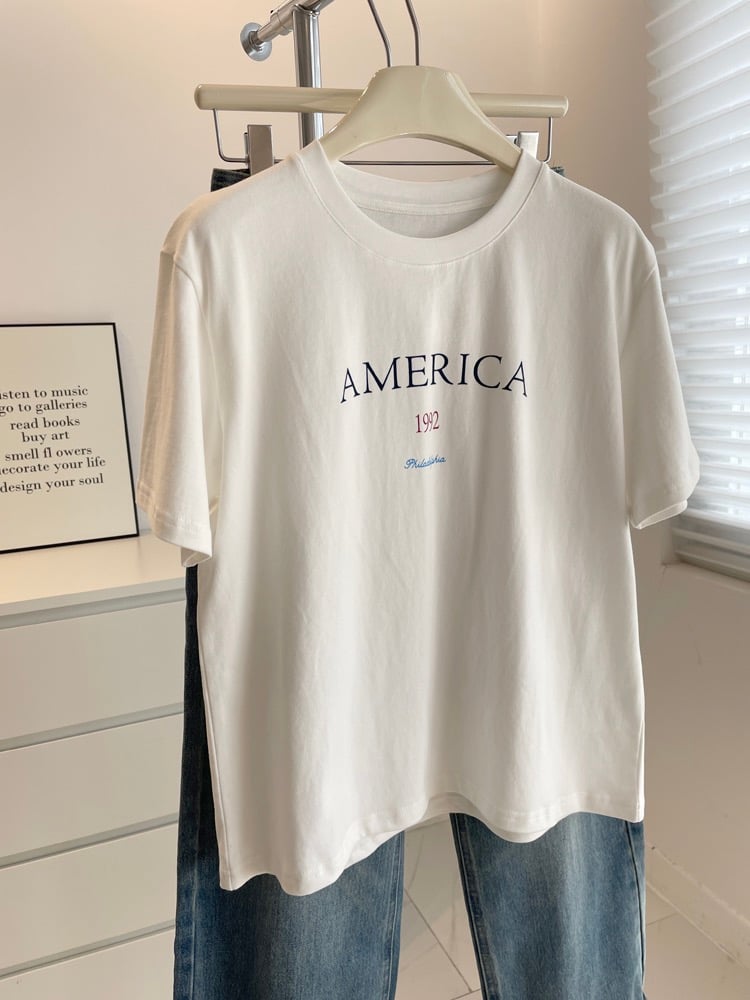 美式復古 AMERICA 字母 短袖T恤 韓系日系 純棉透氣 寬鬆顯瘦 韓感 簡約百搭 n60009
