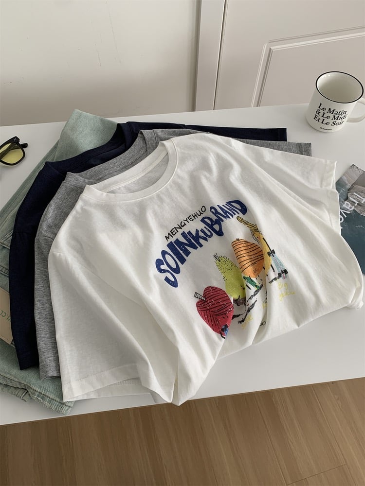 夏日韓系水果印花 慵懶垂感圓領短袖上衣   736