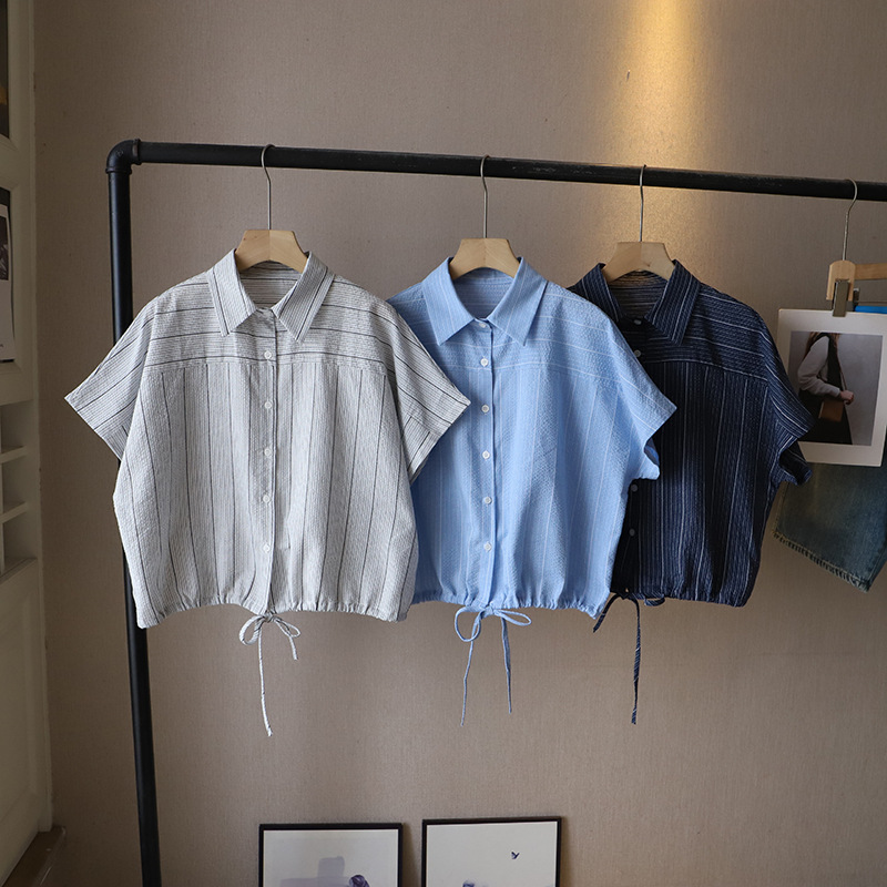 韓版POLO領復古條紋 休閒抽繩短袖襯衫 702