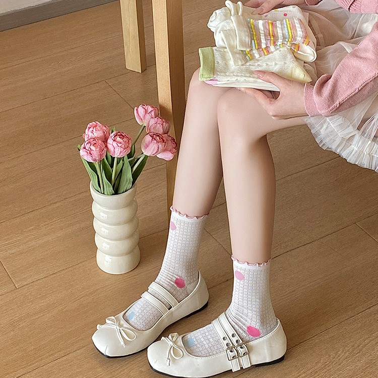 夏季薄款網眼襪 木耳邊波點愛心中筒襪 透氣荷葉邊襪子  50