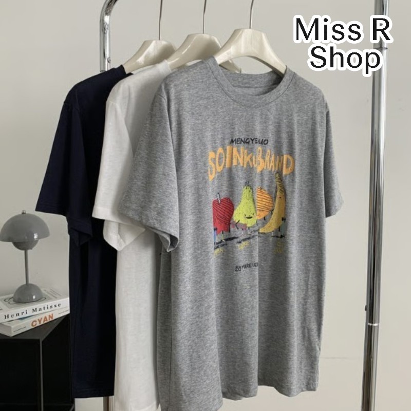 夏日韓系水果印花 慵懶垂感圓領短袖上衣   736