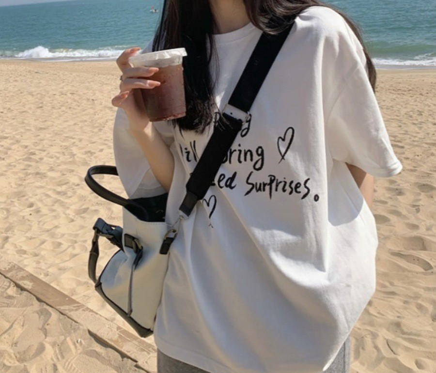 印花短袖T恤 寬鬆顯瘦減齡白色上衣 704