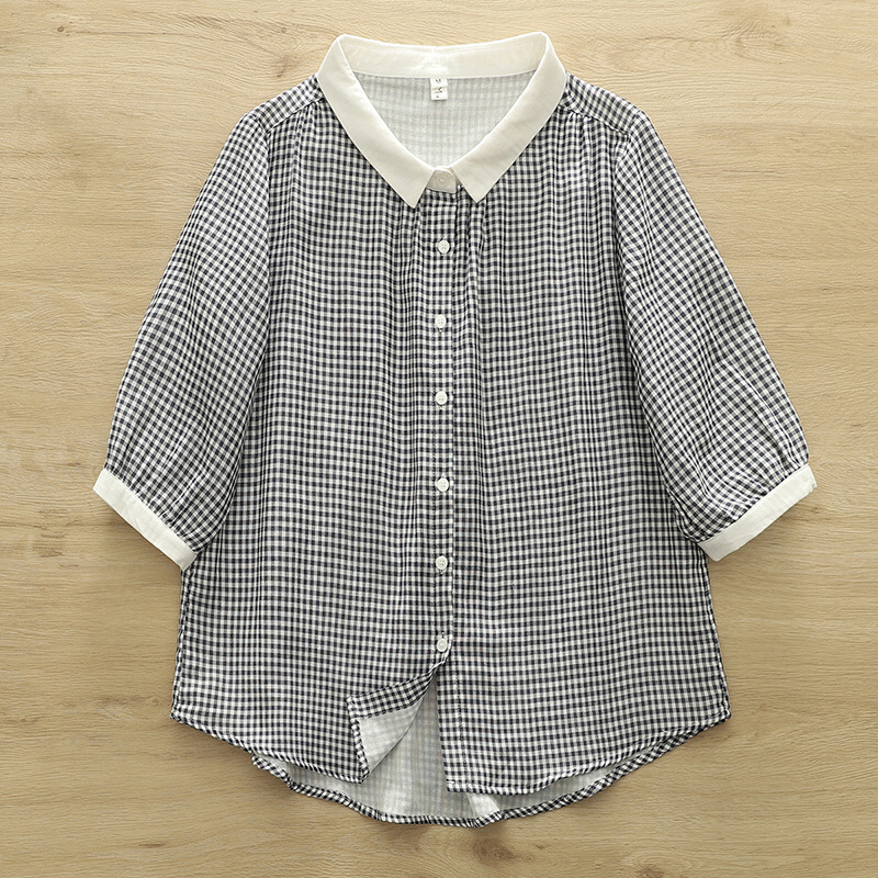 小清新圓領格子雙層棉紗短袖襯衫 734